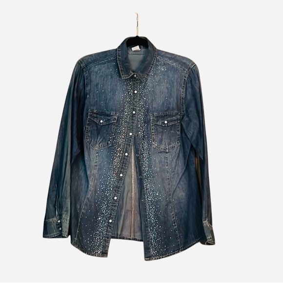 Blue Jean Bling button down Top -M - Picture 1 of 4